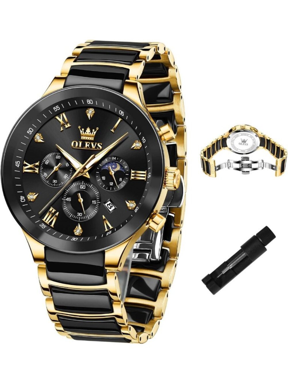 Luxury Men's Chronograph Quartz Watch - Waterproof, Luminous, Moon Phase, Dress